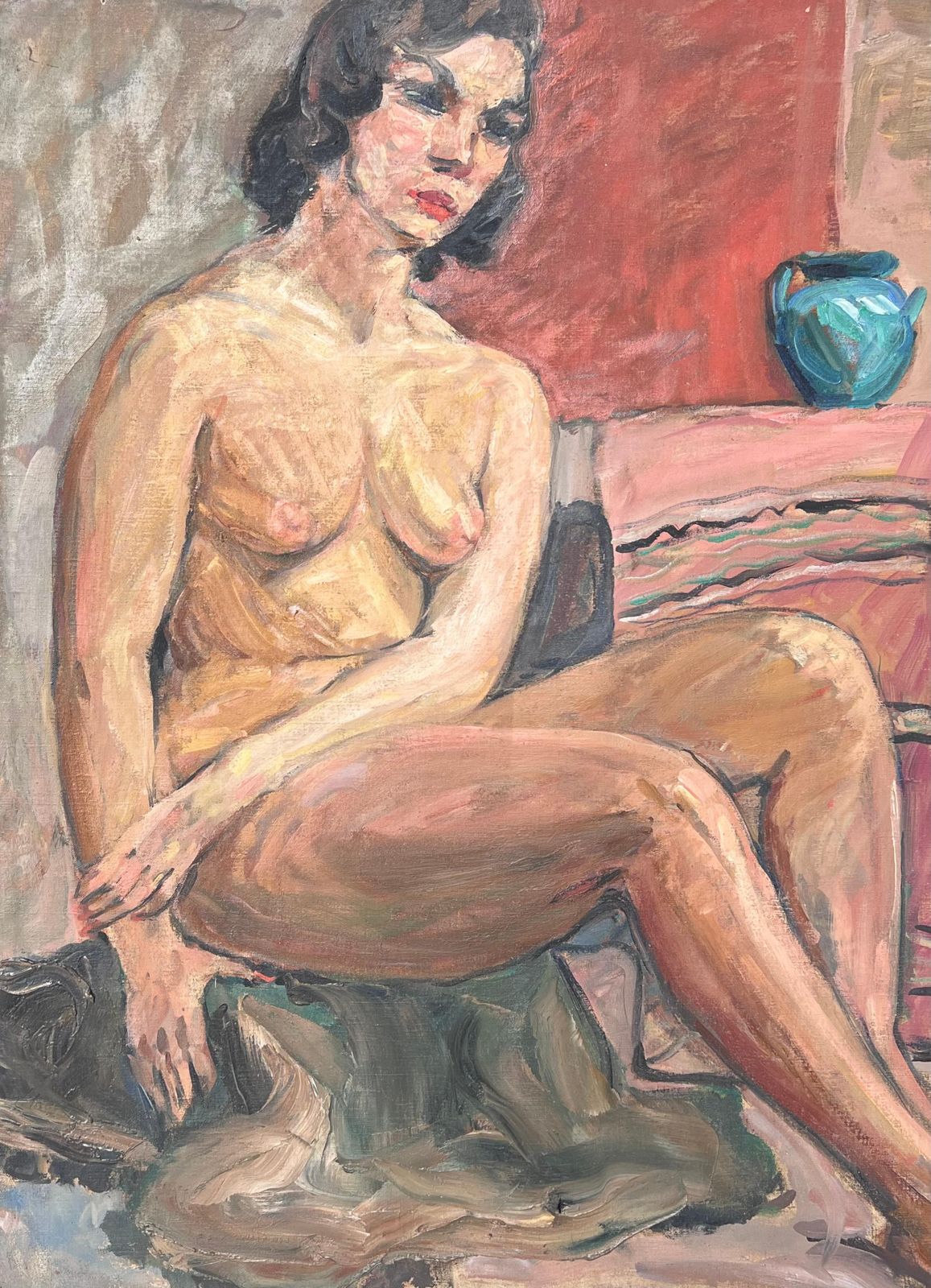Suzanne Dinkesnude Lady Posed On Stall With A Blue Terracotta Pot French Mid Century Painting1950's