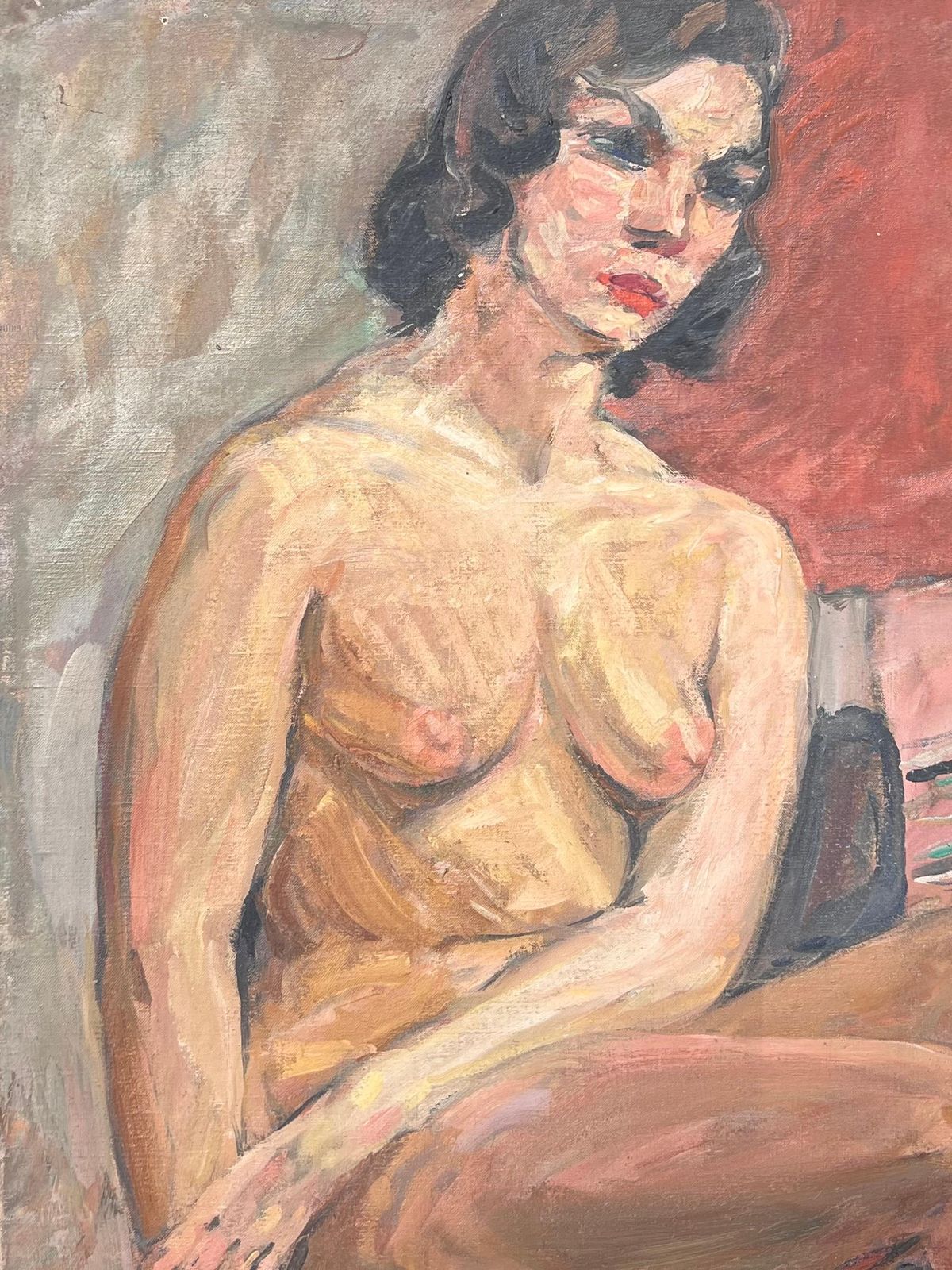 Suzanne Dinkesnude Lady Posed On Stall With A Blue Terracotta Pot French Mid Century Painting1950's photo Art