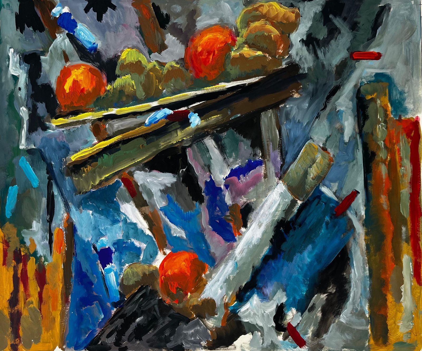 Guy Nicodabstract Still Life With Fruit And Artist’s Tools French Modern Gouache Painting