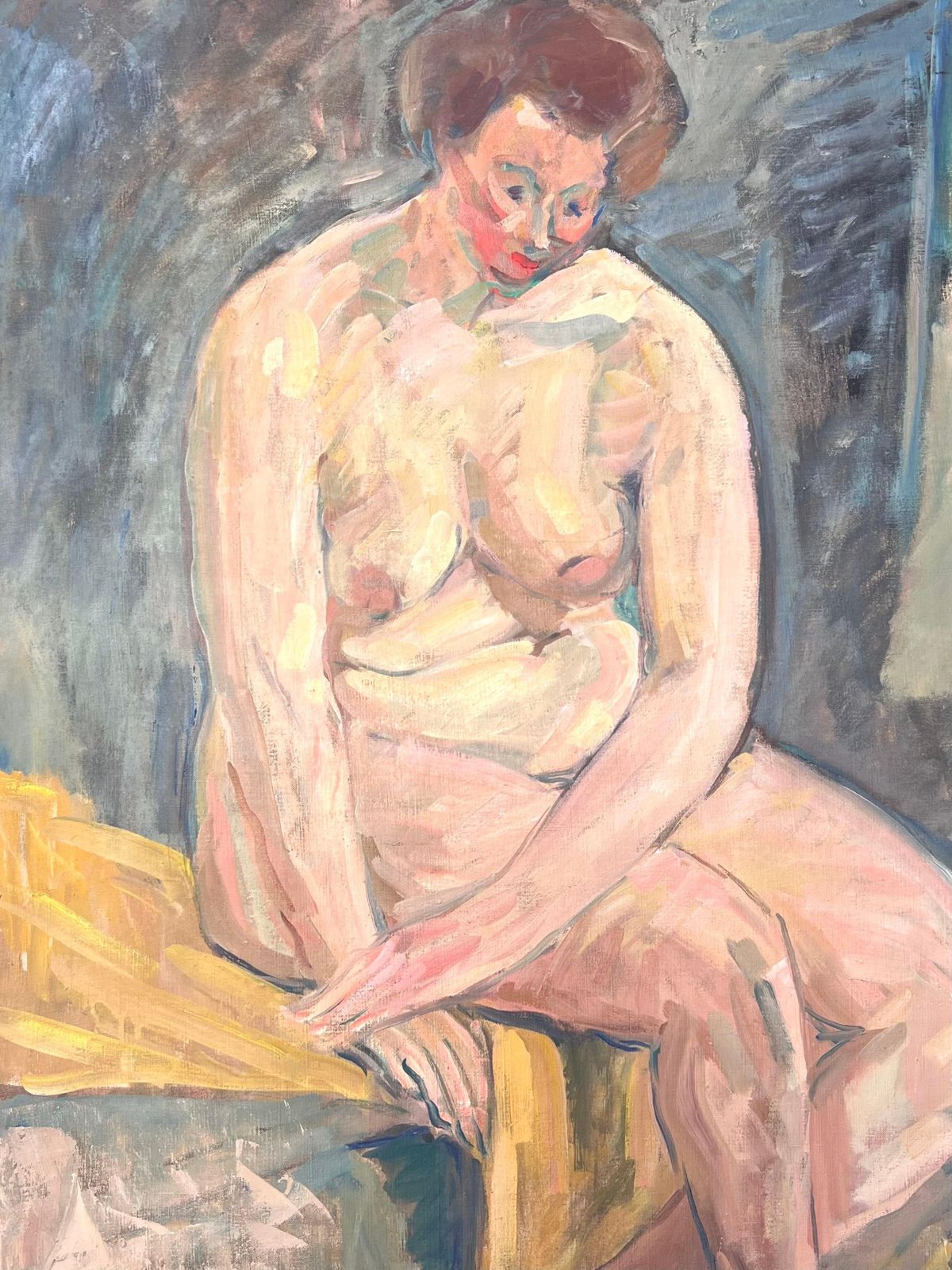Suzanne Dinkesportrait Of A Nude Lady Sat On Yellow Blanket Gazed Down French Painting1950's