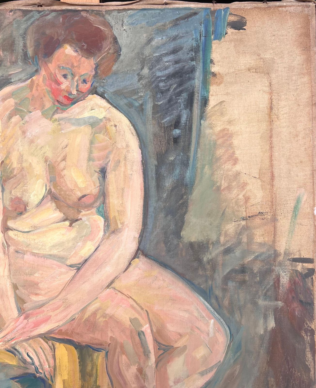 Suzanne Dinkesportrait Of A Nude Lady Sat On Yellow Blanket Gazed Down French Painting1950's photo 714.0