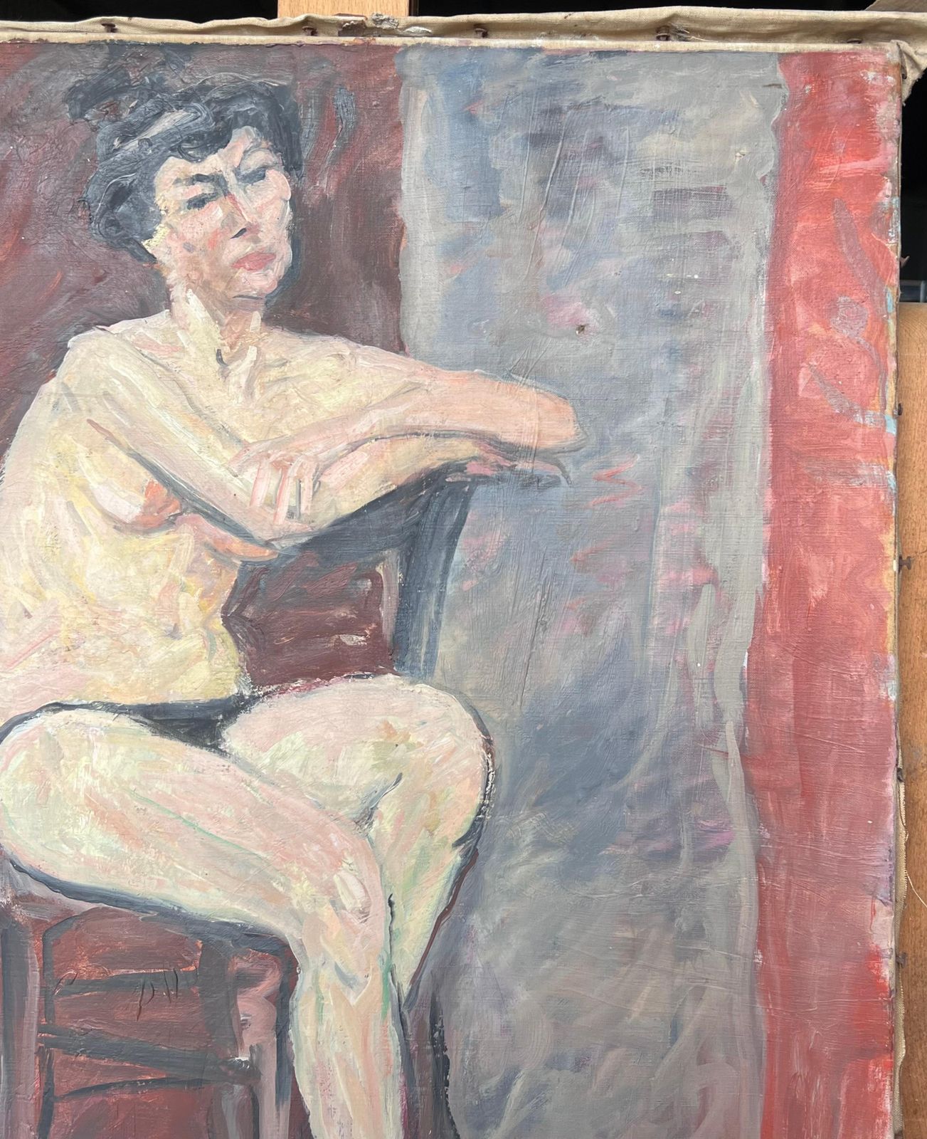 Suzanne Dinkesportrait Of A Nude Lady Posed On Chair Down French Mid Century Painting1950's photo 723.0