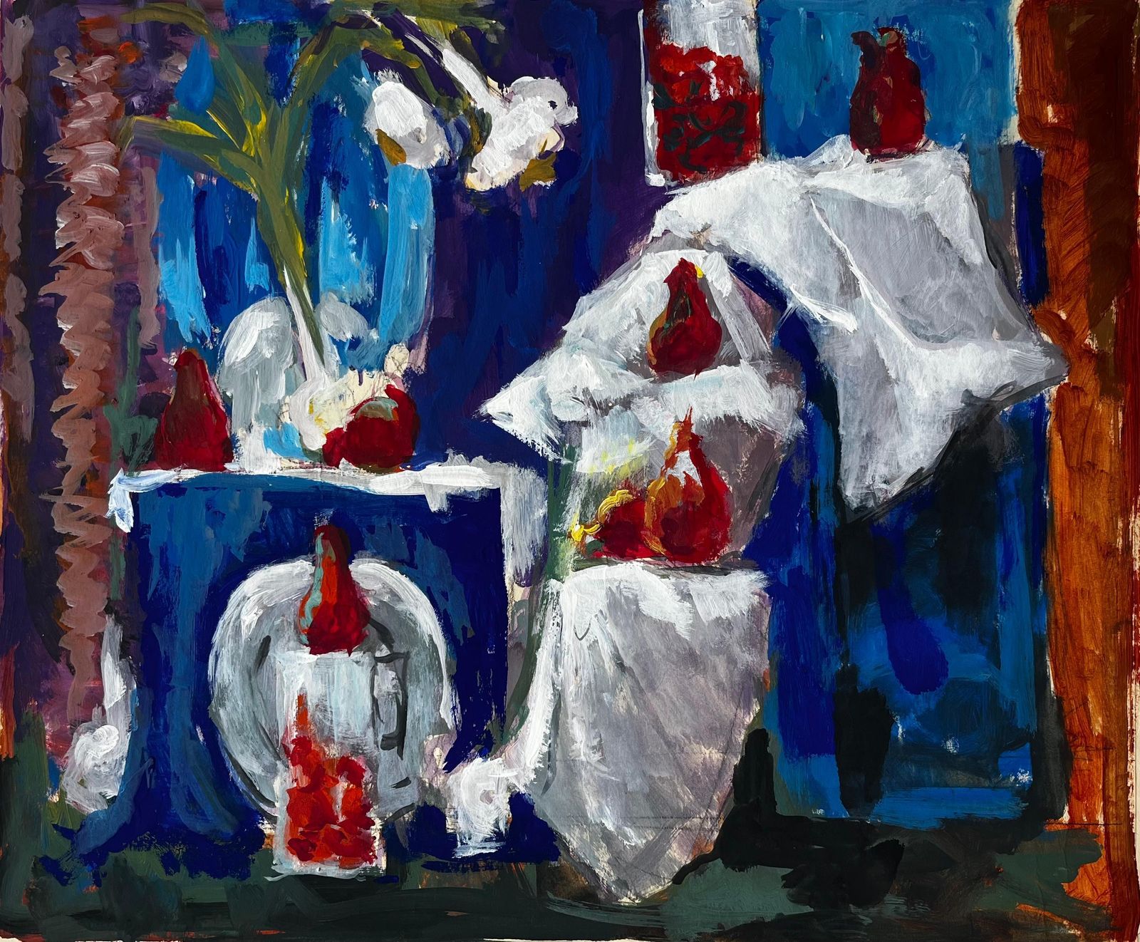 Guy Nicodstill Life With Garlic Strawberries And White Drapes French Modernist Gouache