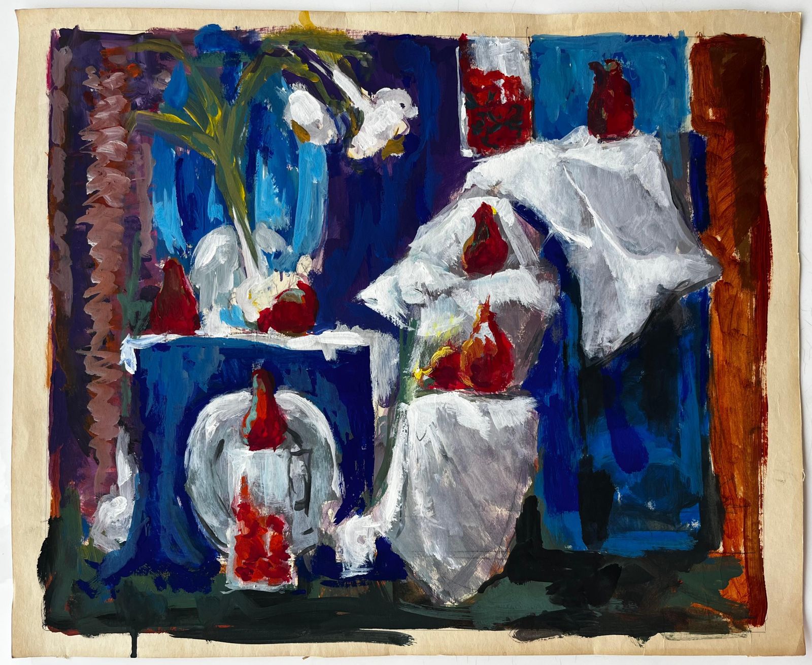 Guy Nicodstill Life With Garlic Strawberries And White Drapes French Modernist Gouache photo furniture