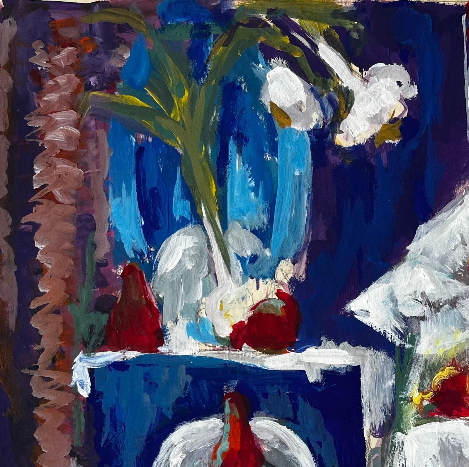 Guy Nicodstill Life With Garlic Strawberries And White Drapes French Modernist Gouache photo for sale