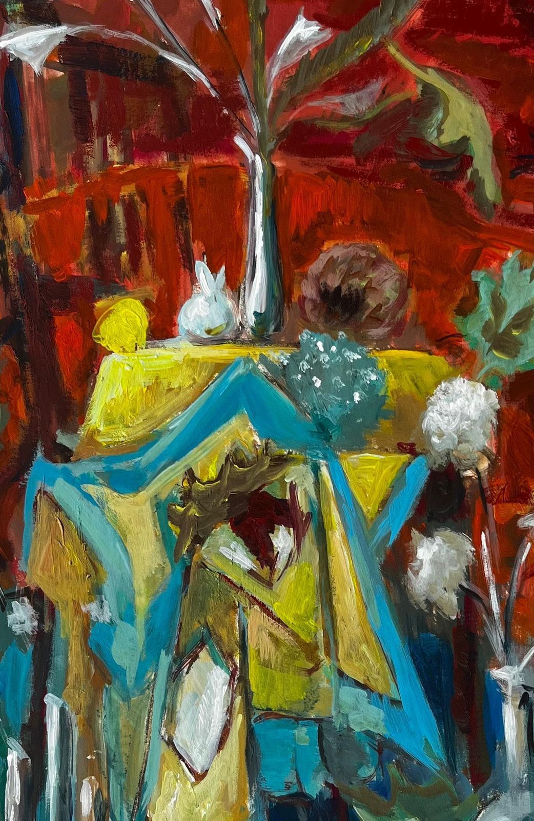 Guy Nicodfrench Modernist Still Life With Blue And Yellow Drapes And Red Background photo buy