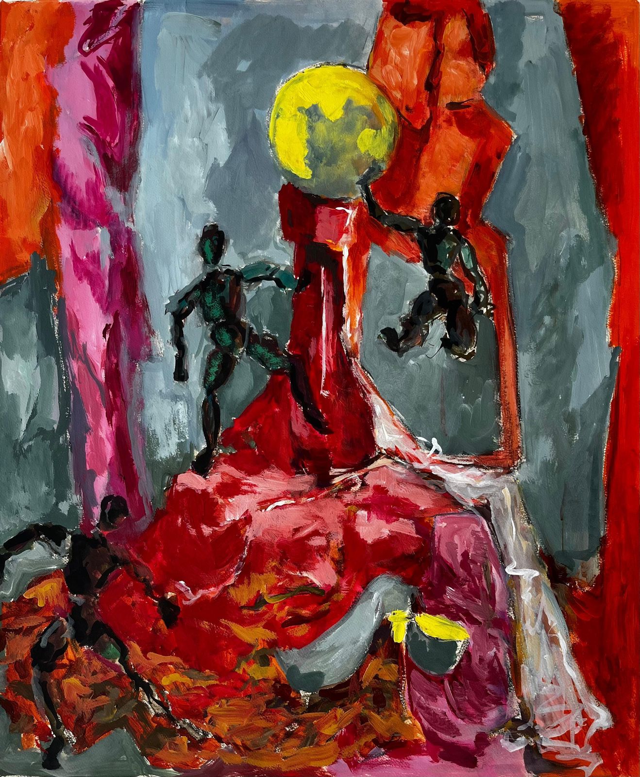 Guy Nicodstill Life With Wooden Mannequins Red Sculpture And Yellow Sphere French Gouache