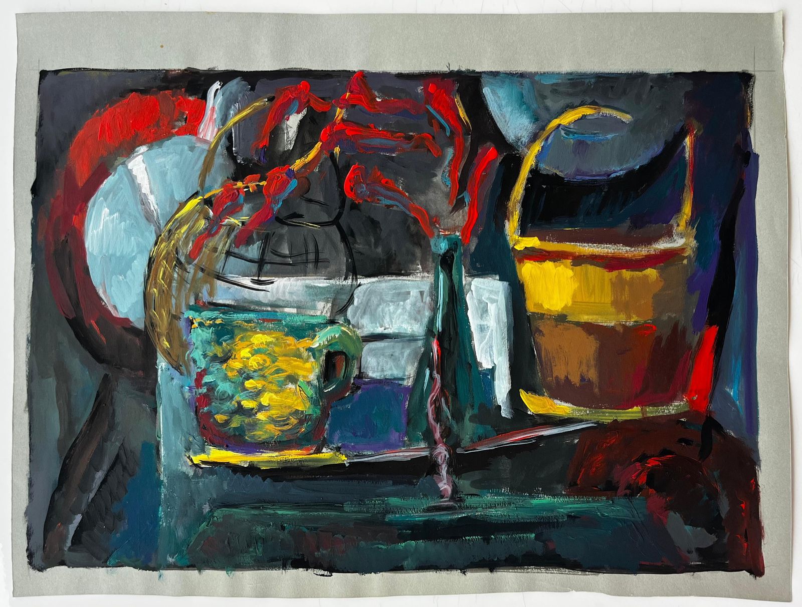 Guy Nicodstill Life With Yellow Cup Basket And Red Flowers French Modernist Gouache photo furniture