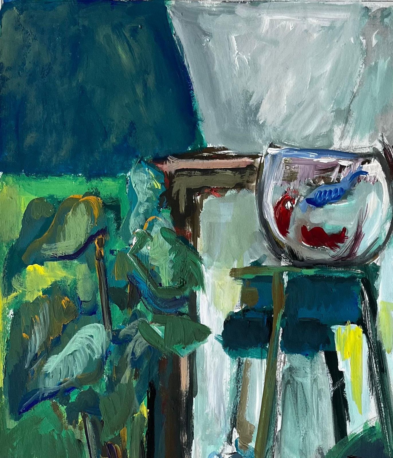 Guy Nicodinterior Still Life With Fish Bowl And Houseplants French Modernist Gouache photo for sale