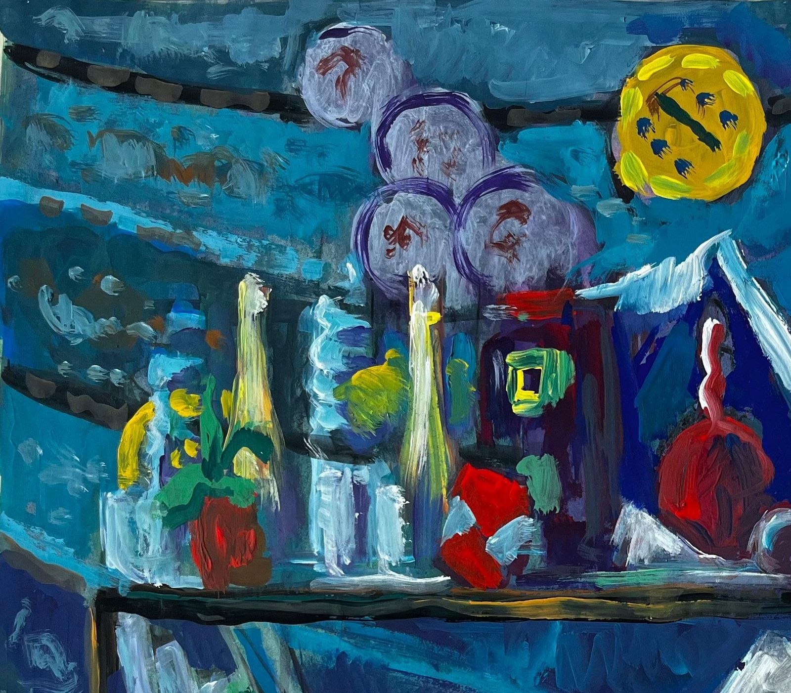 Guy Nicodstill Life With Books Bottles And Yellow Cloth French Modernist Gouache photo 640.0