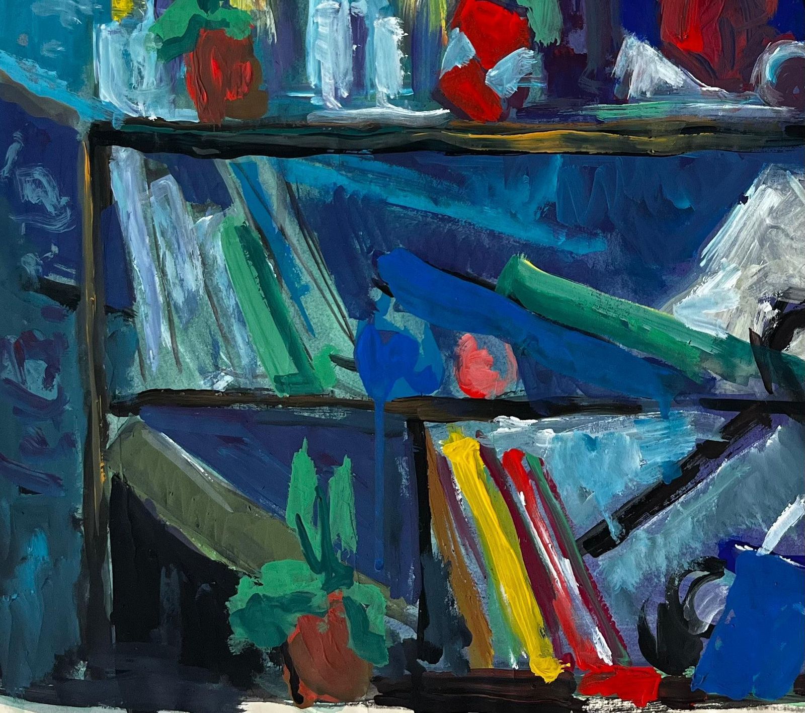 Guy Nicodstill Life With Books Bottles And Yellow Cloth French Modernist Gouache photo vinterior