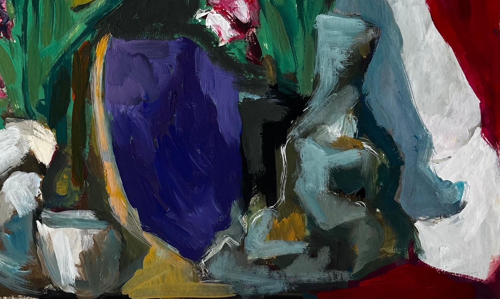 Guy Nicodfloral Still Life With Drapery And Purple Vase French Modern Gouache Painting photo for sale