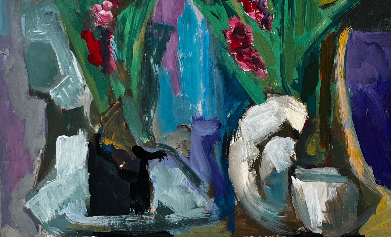 Guy Nicodfloral Still Life With Drapery And Purple Vase French Modern Gouache Painting photo Art
