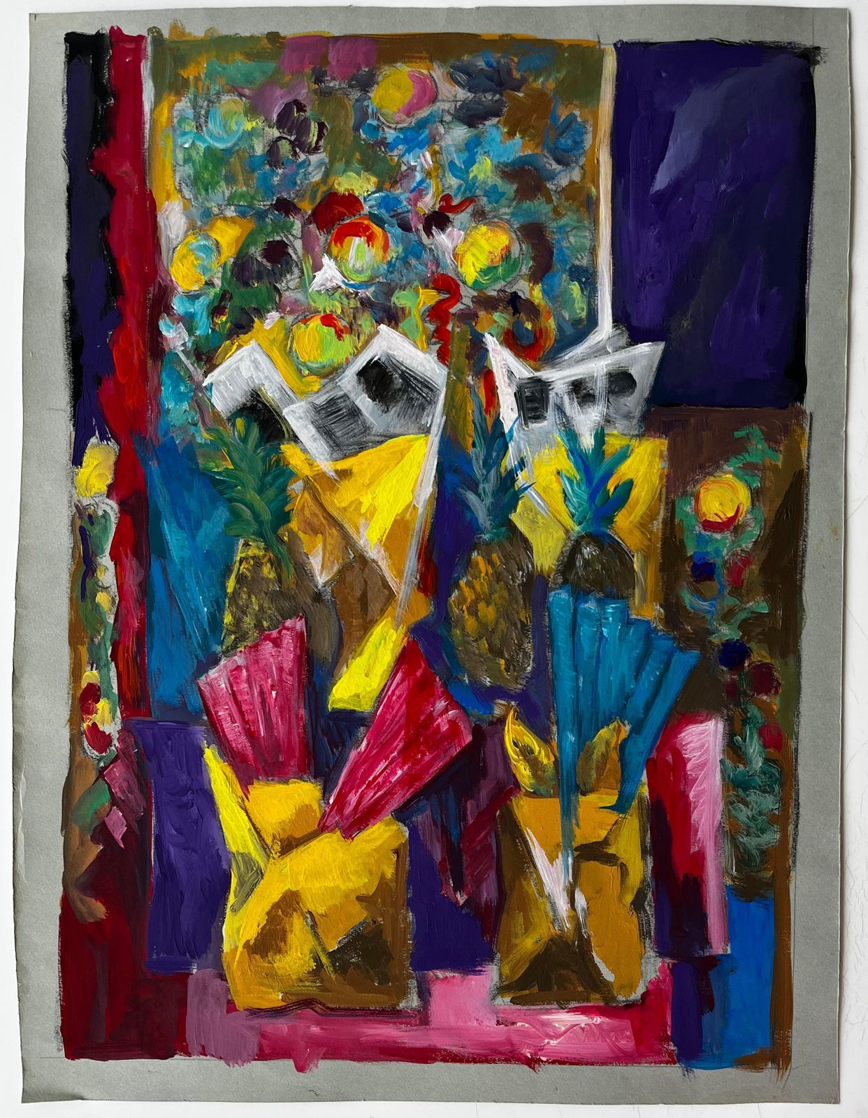 Guy Nicodvibrant Floral And Pineapple Still Life French Modern Gouache Painting photo furniture