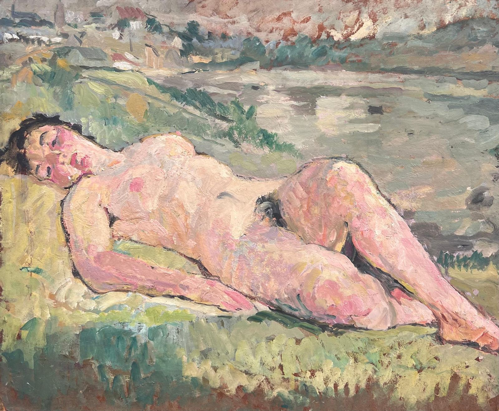 Suzanne Dinkesnude Female Study Posed On The Grass Mid Century French Painting1950's photo furniture
