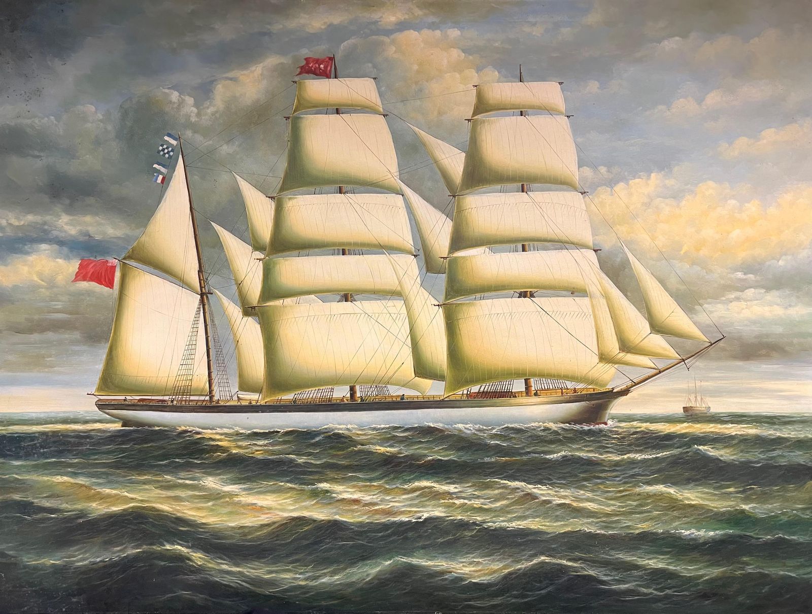 English Schoolgrand Scale Huge Maritime Oil Painting Of A Fully Rigged Tall Ship At Sea