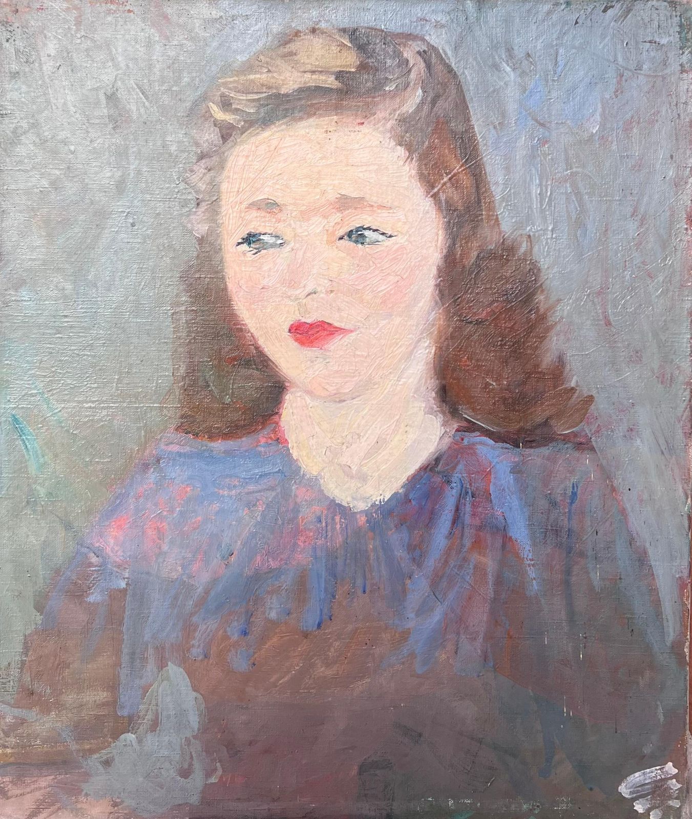 Suzanne Dinkesbrunette Lady With Red Lipstick In Blue Mid Century French Painting Portrait1950's