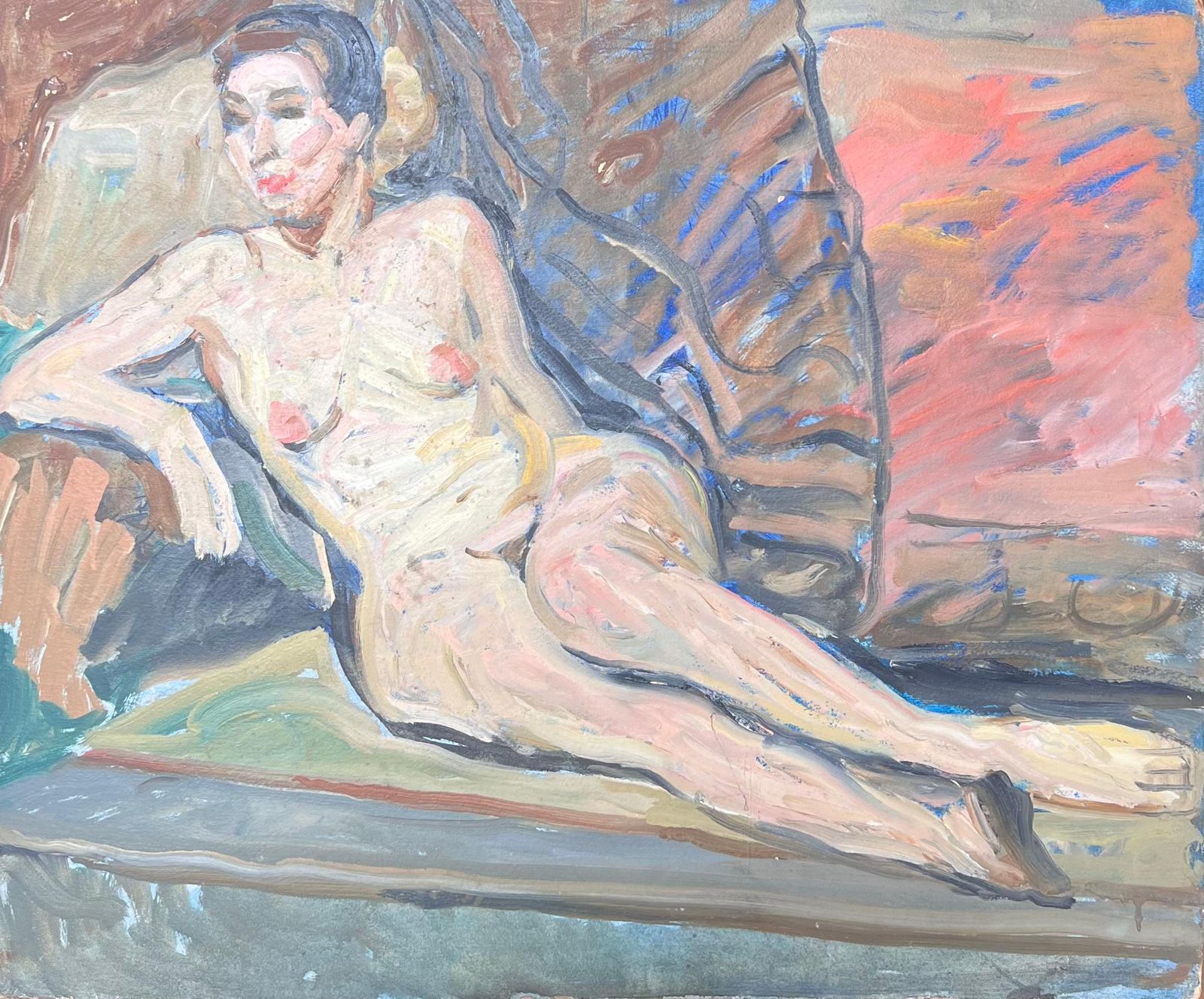 Suzanne Dinkesnude Portrait Of A Lady Posed Laying On The Sofa Mid Century French Painting1950's