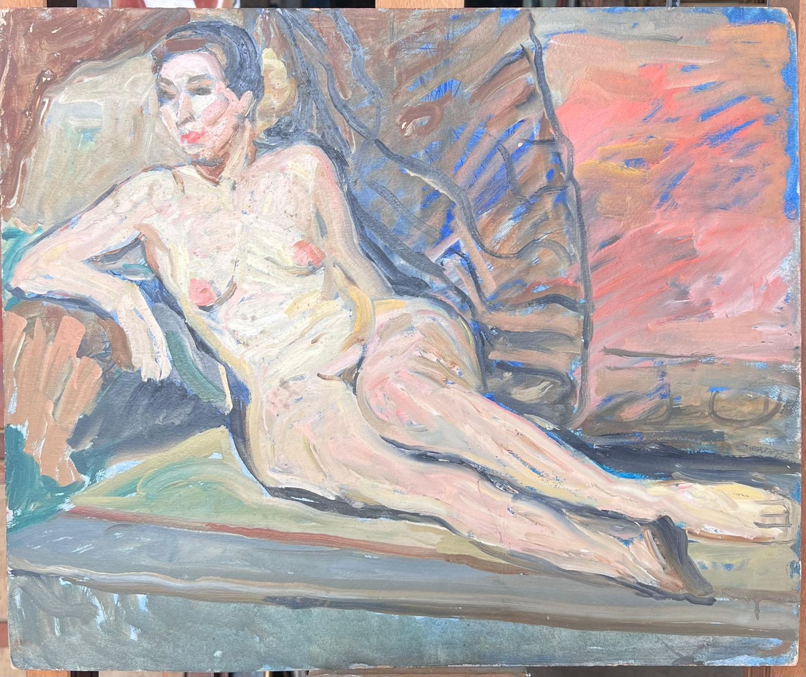 Suzanne Dinkesnude Portrait Of A Lady Posed Laying On The Sofa Mid Century French Painting1950's photo furniture