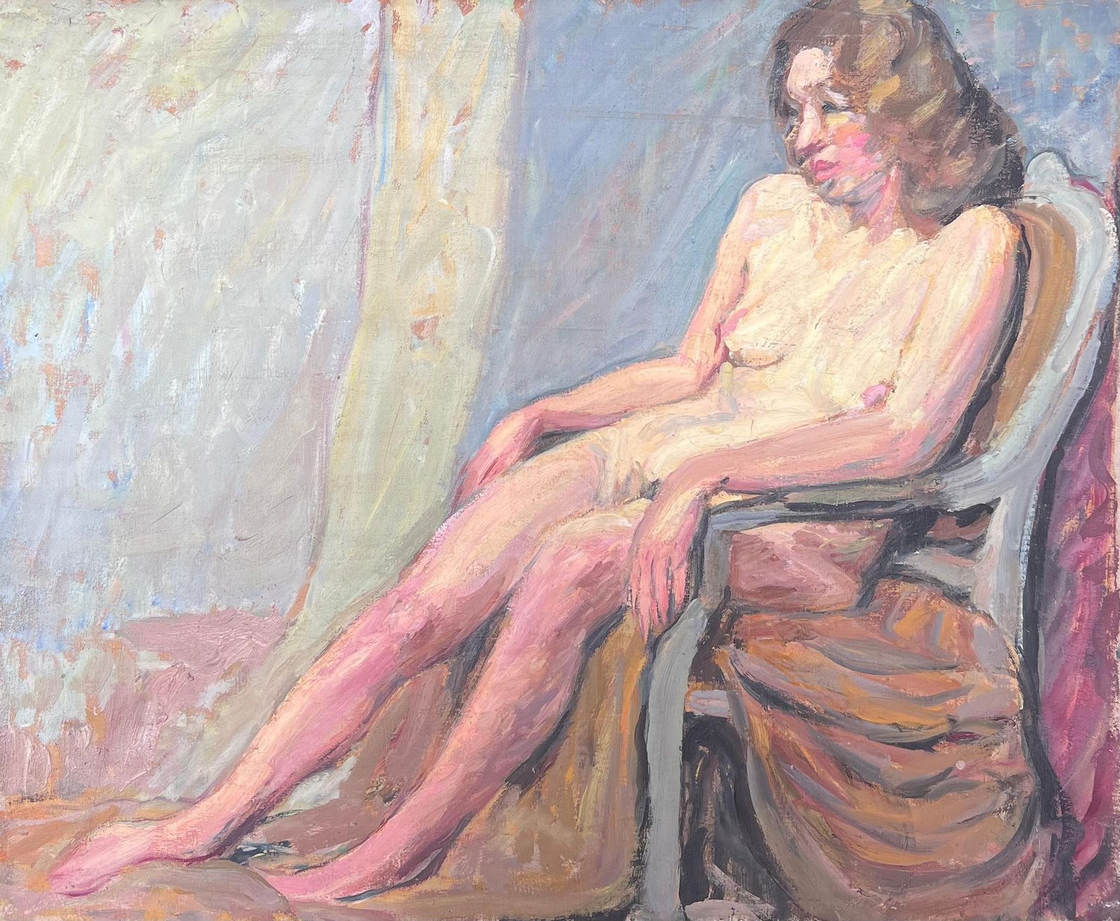 Suzanne Dinkesnude Study Of A Lady Posed On A Chair Mid Century French Painting1950's