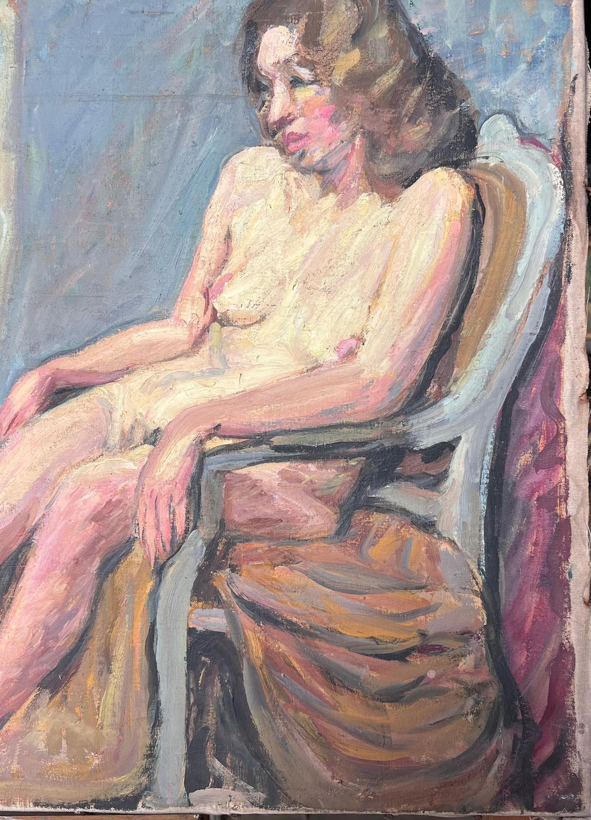 Suzanne Dinkesnude Study Of A Lady Posed On A Chair Mid Century French Painting1950's photo vinterior