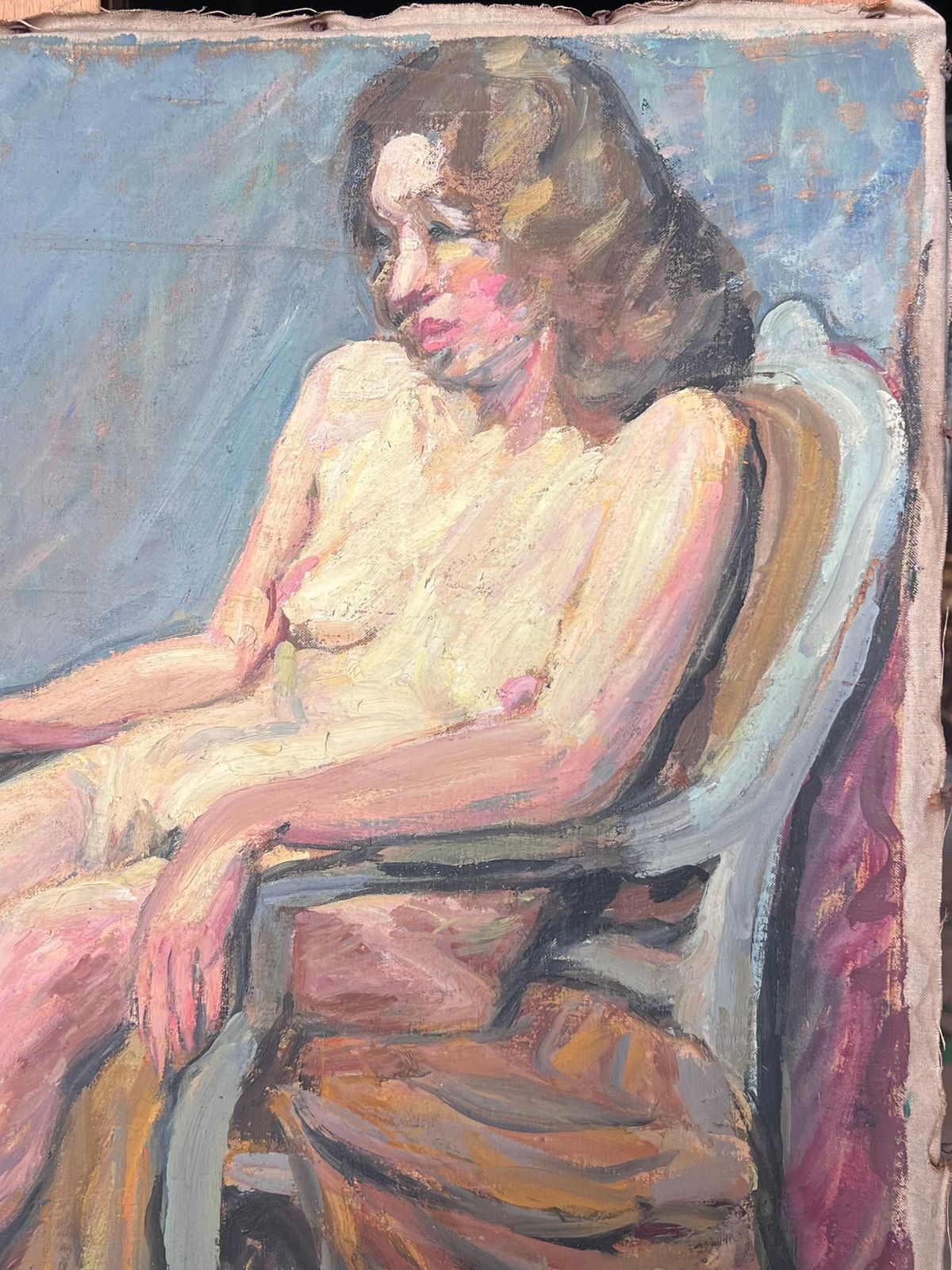 Suzanne Dinkesnude Study Of A Lady Posed On A Chair Mid Century French Painting1950's photo buy