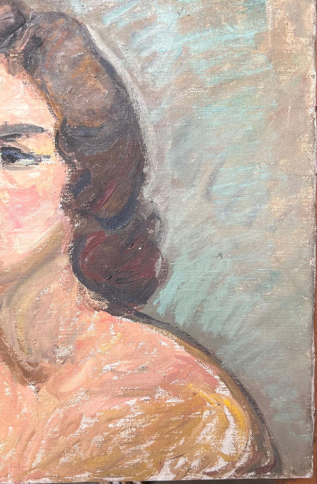 Suzanne Dinkesportrait Of A Brunette Nude Lady With Blue Eyeliner Mid Century French Painting1950's photo Art