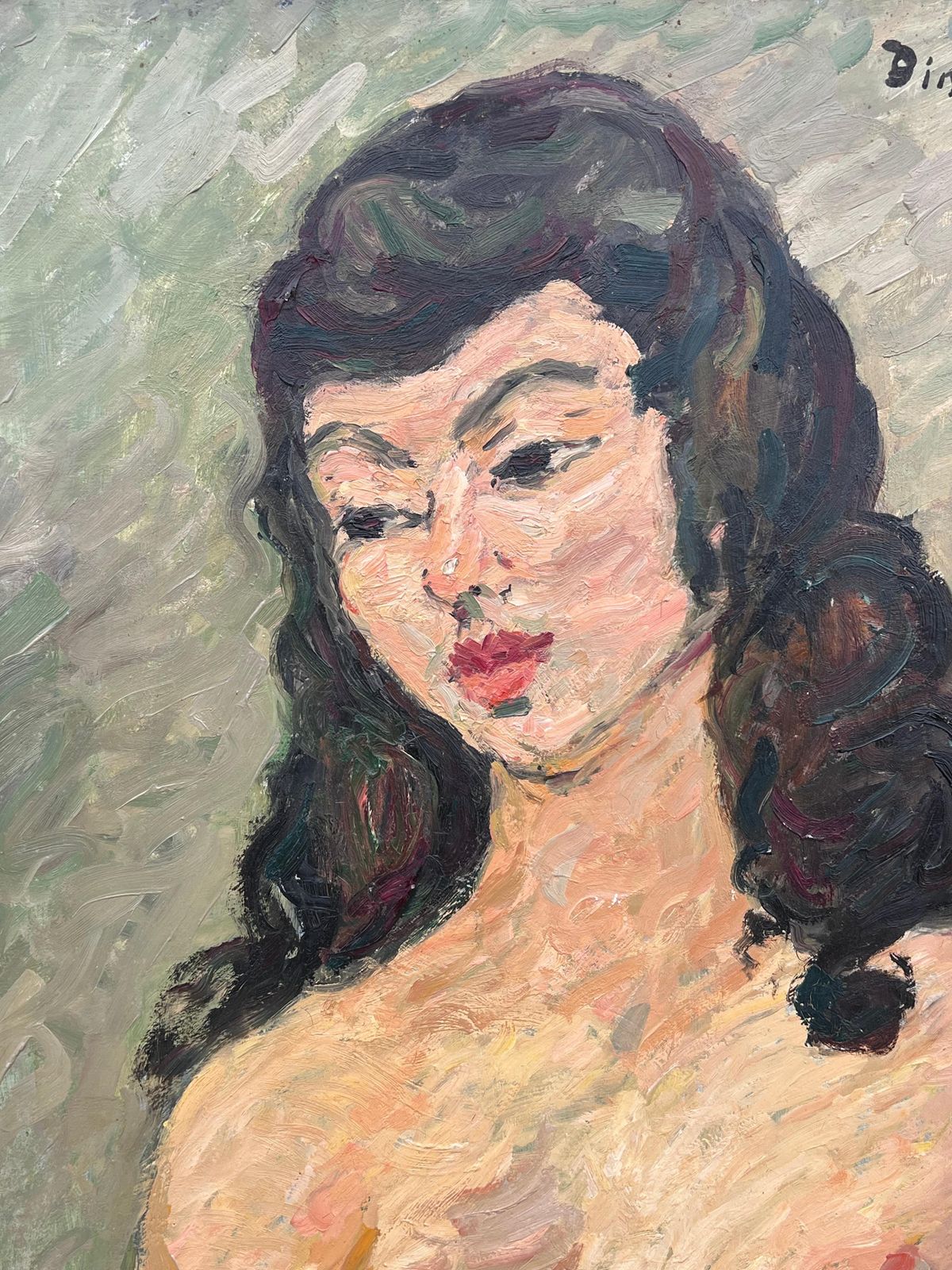 Suzanne Dinkesnude Portrait Of A Female With Black Hair And Bold Features French Painting1950's photo for sale