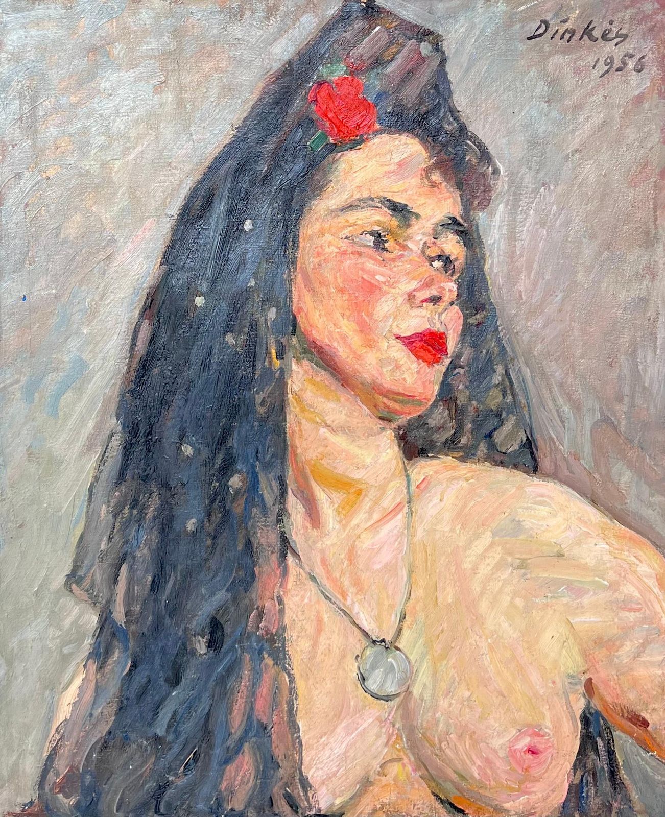 Suzanne Dinkesnude Portrait Of A Lady In A Black Veil Mid Century French Painting1950's