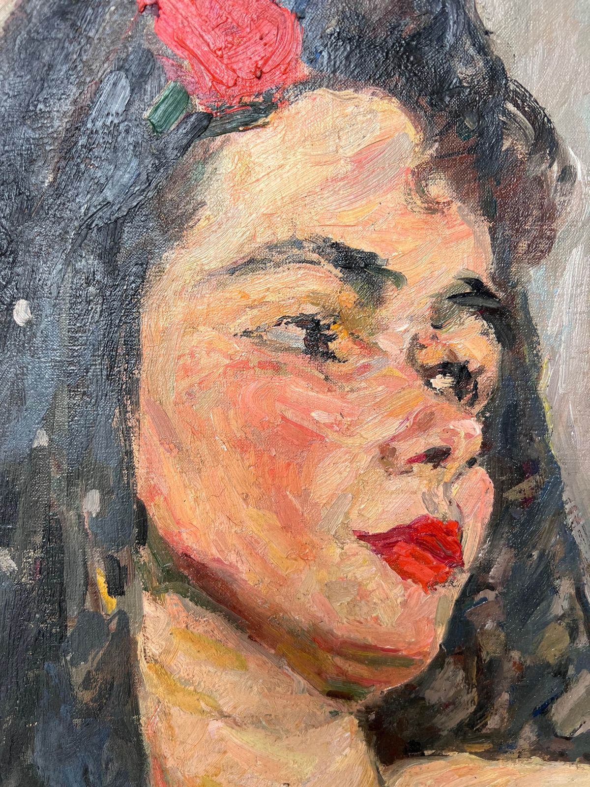 Suzanne Dinkesnude Portrait Of A Lady In A Black Veil Mid Century French Painting1950's photo 738.0