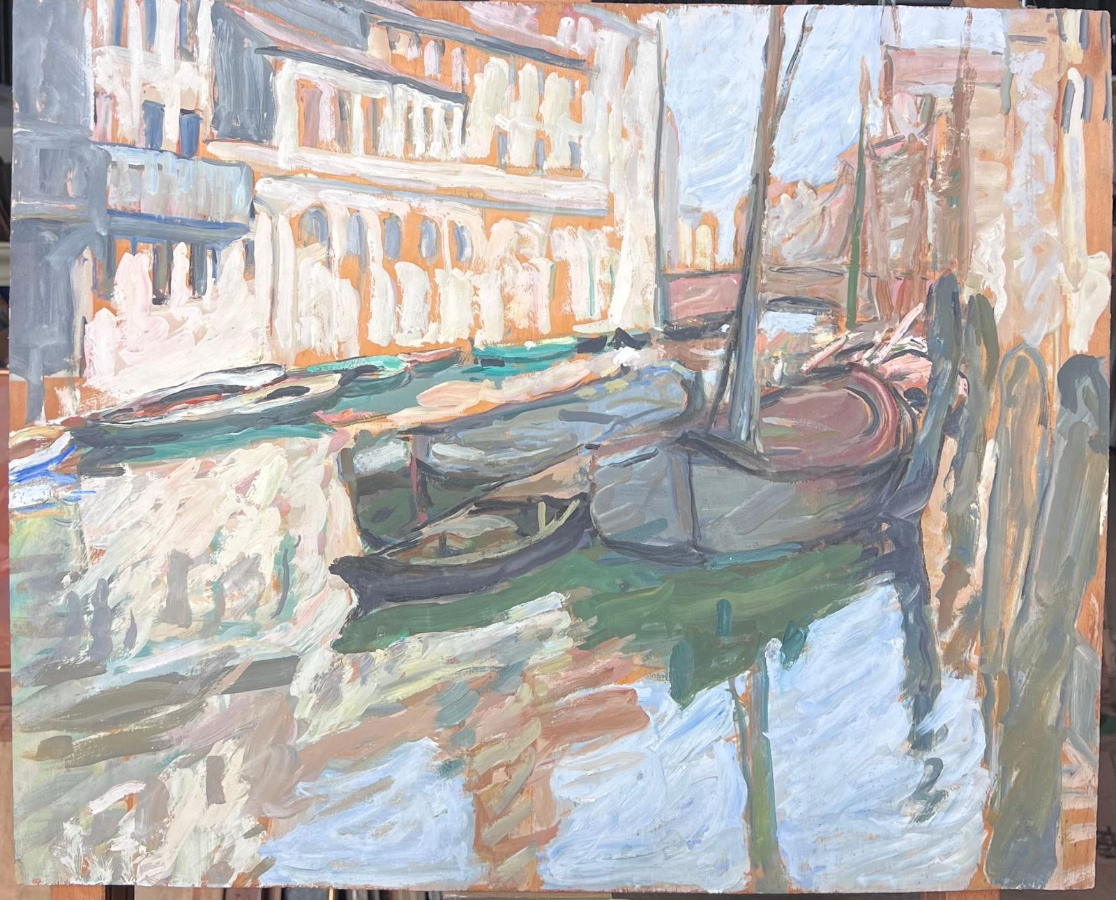 Suzanne Dinkesstill Boats Resting In The Venice Canals French Impressionist Painting1950's photo furniture
