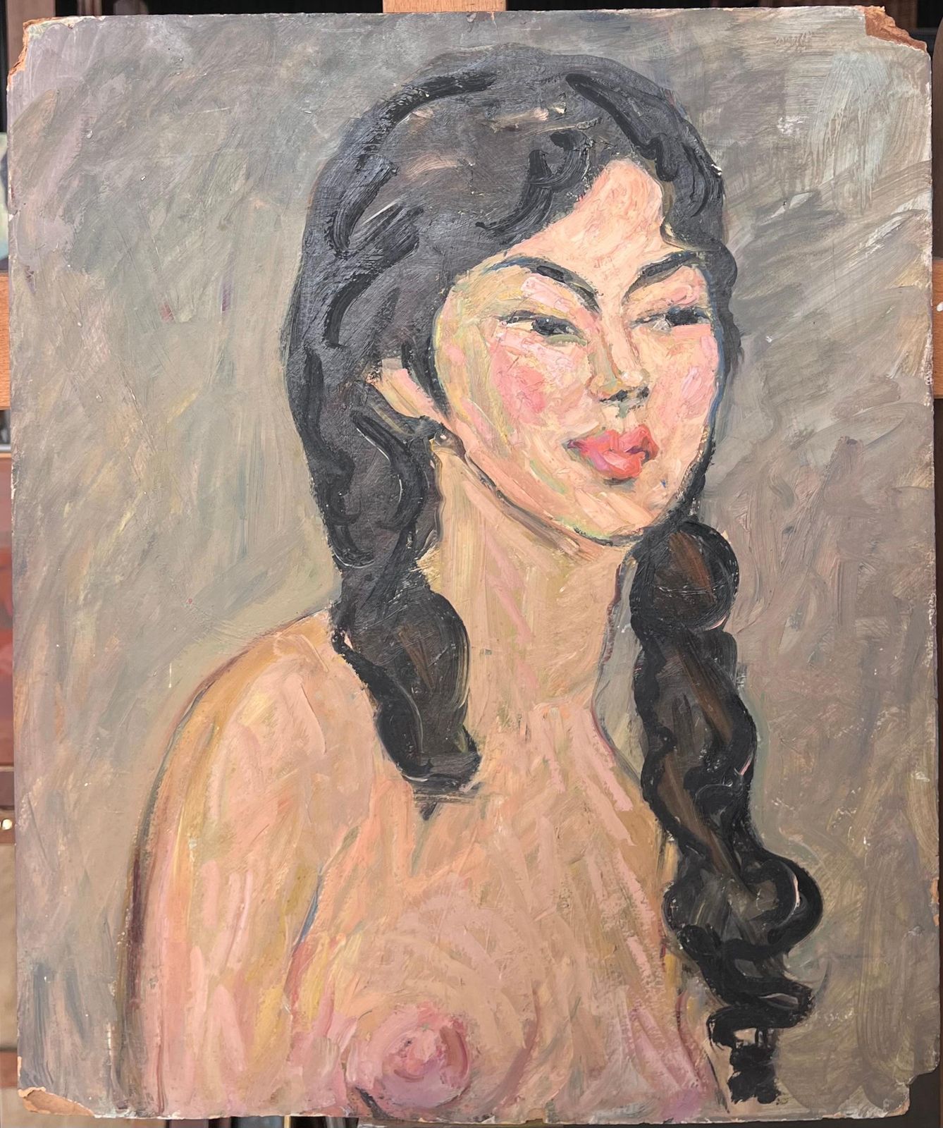 Suzanne Dinkesnude Portrait Of A Female With Black Curly Hair Mid Century French Painting1950's photo furniture