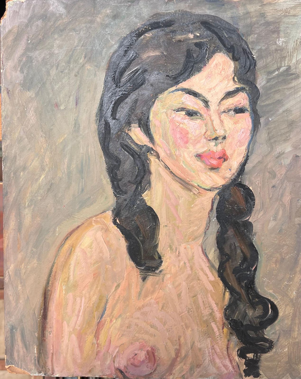 Suzanne Dinkesnude Portrait Of A Female With Black Curly Hair Mid Century French Painting1950's photo 723.0