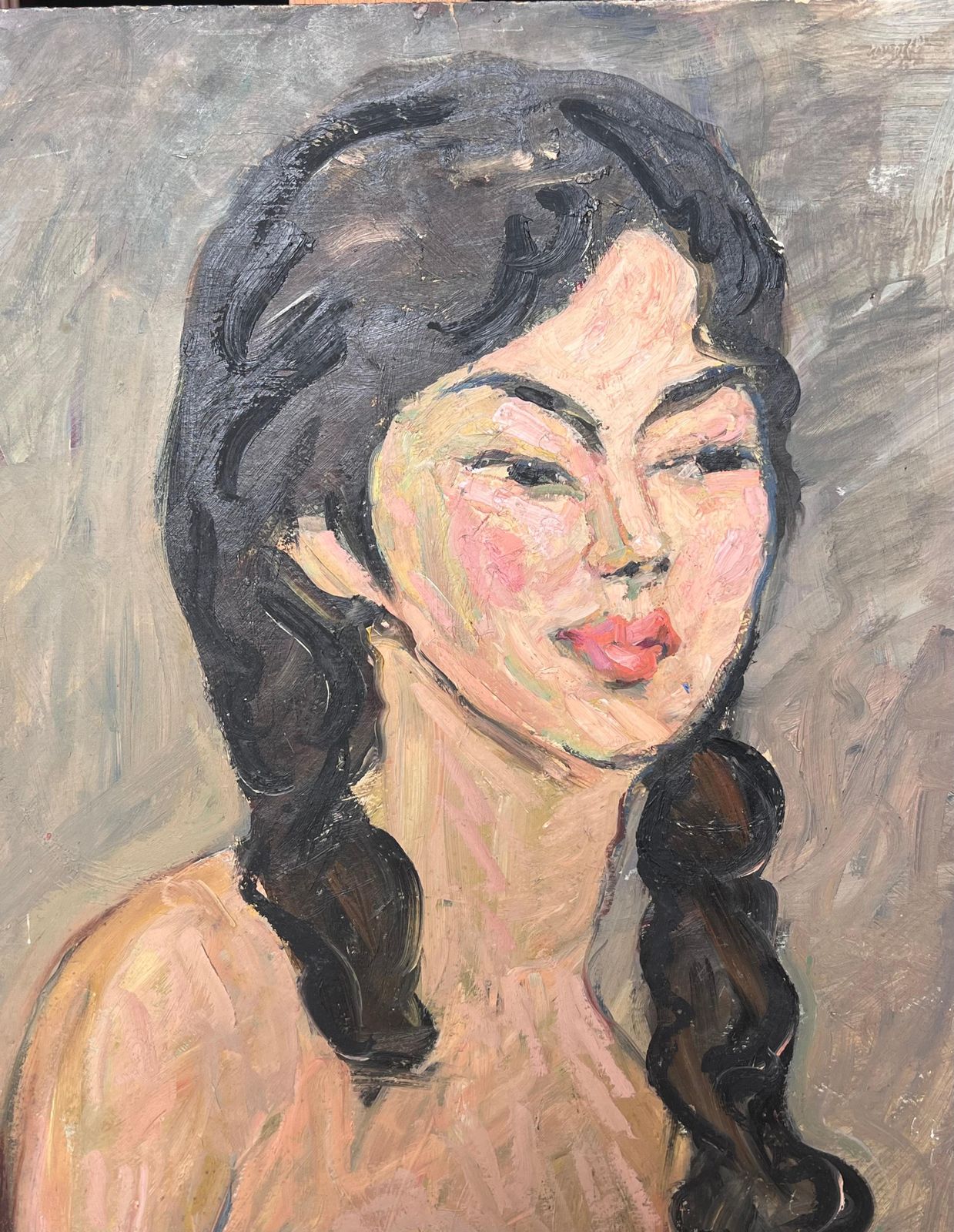 Suzanne Dinkesnude Portrait Of A Female With Black Curly Hair Mid Century French Painting1950's photo buy