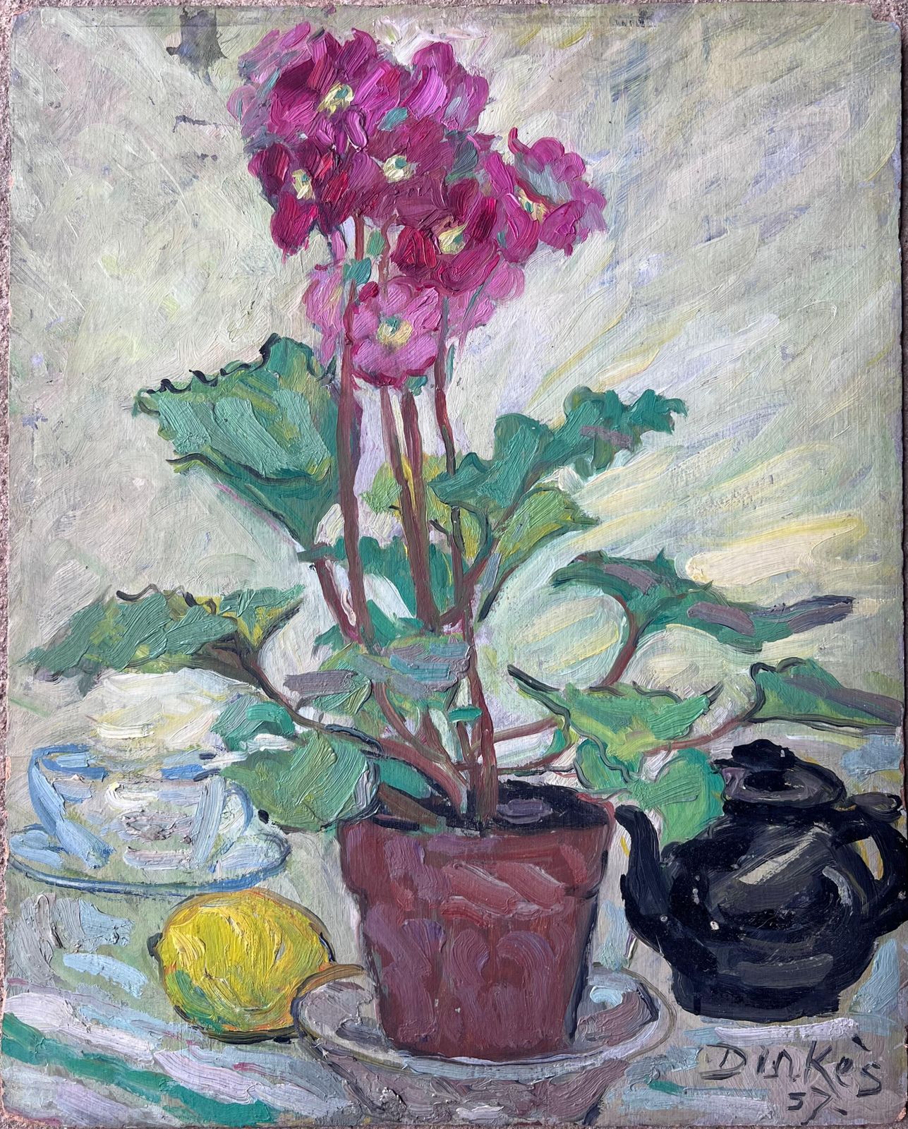 Suzanne Dinkespink Flowers In Plant Pot Kitchen Interior Mid Century French Painting1950's photo furniture