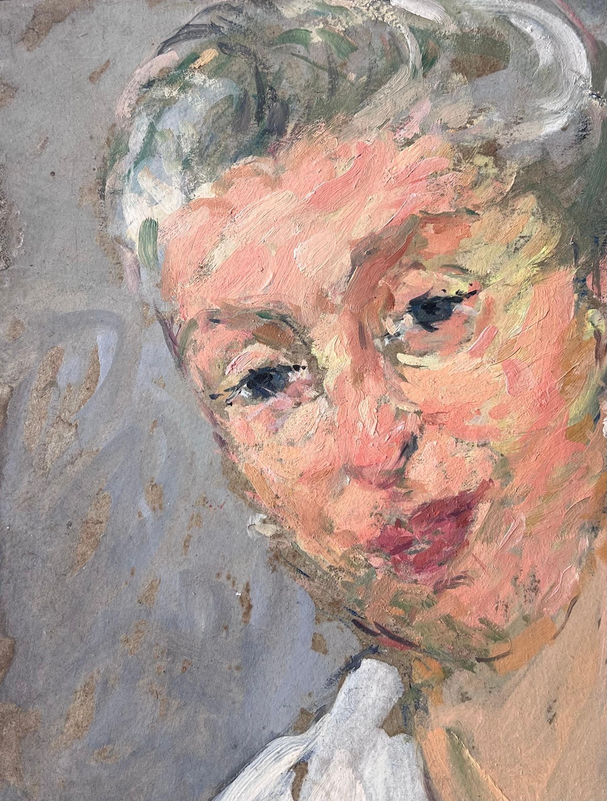 Suzanne Dinkesmid Century French Painting Of A Chic Grey Haired Lady With Pearl Earrings1950's photo vinterior