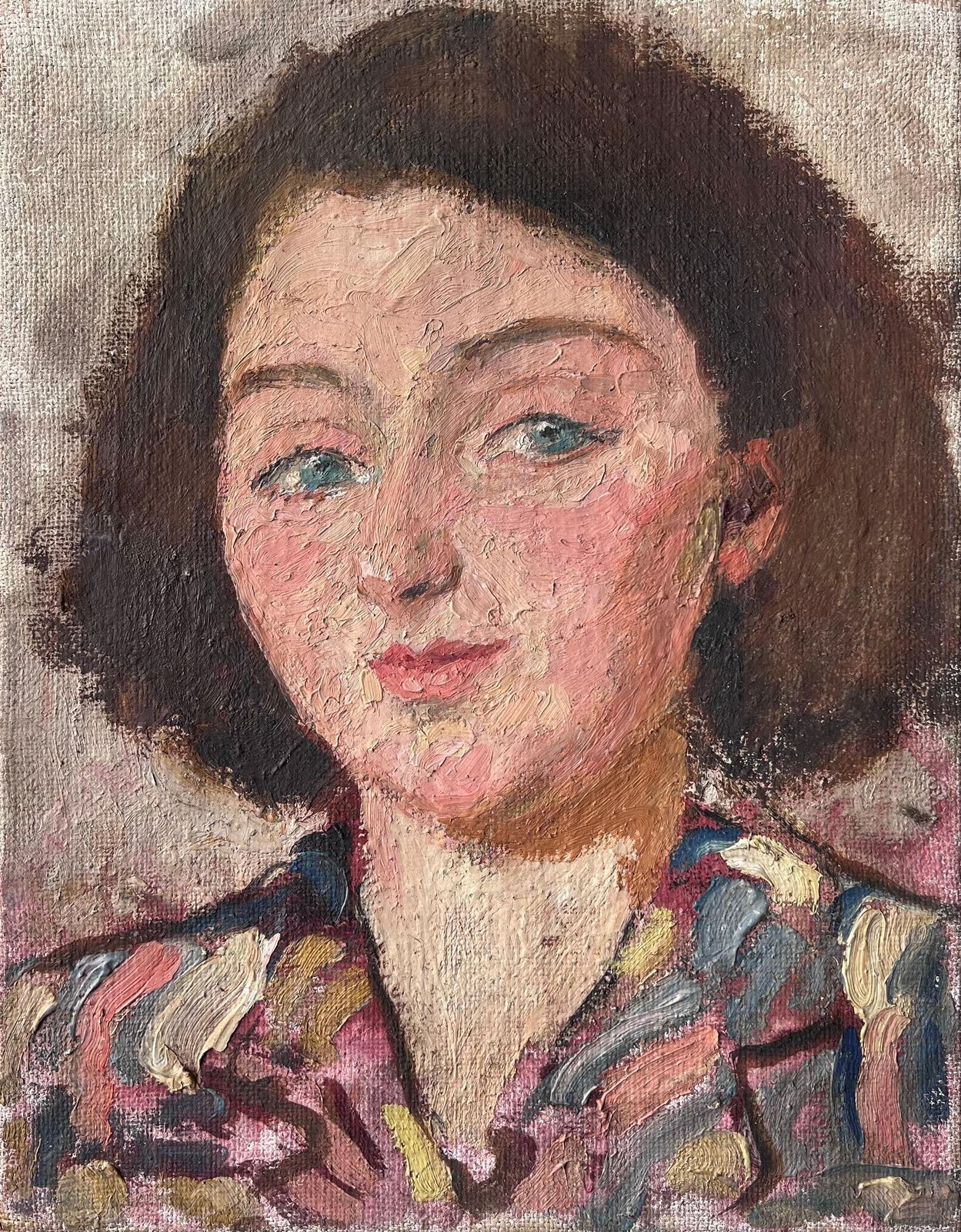 Suzanne Dinkesmid Century French Impressionist Painting Green Eyed Chic Brunette Portrait1950's