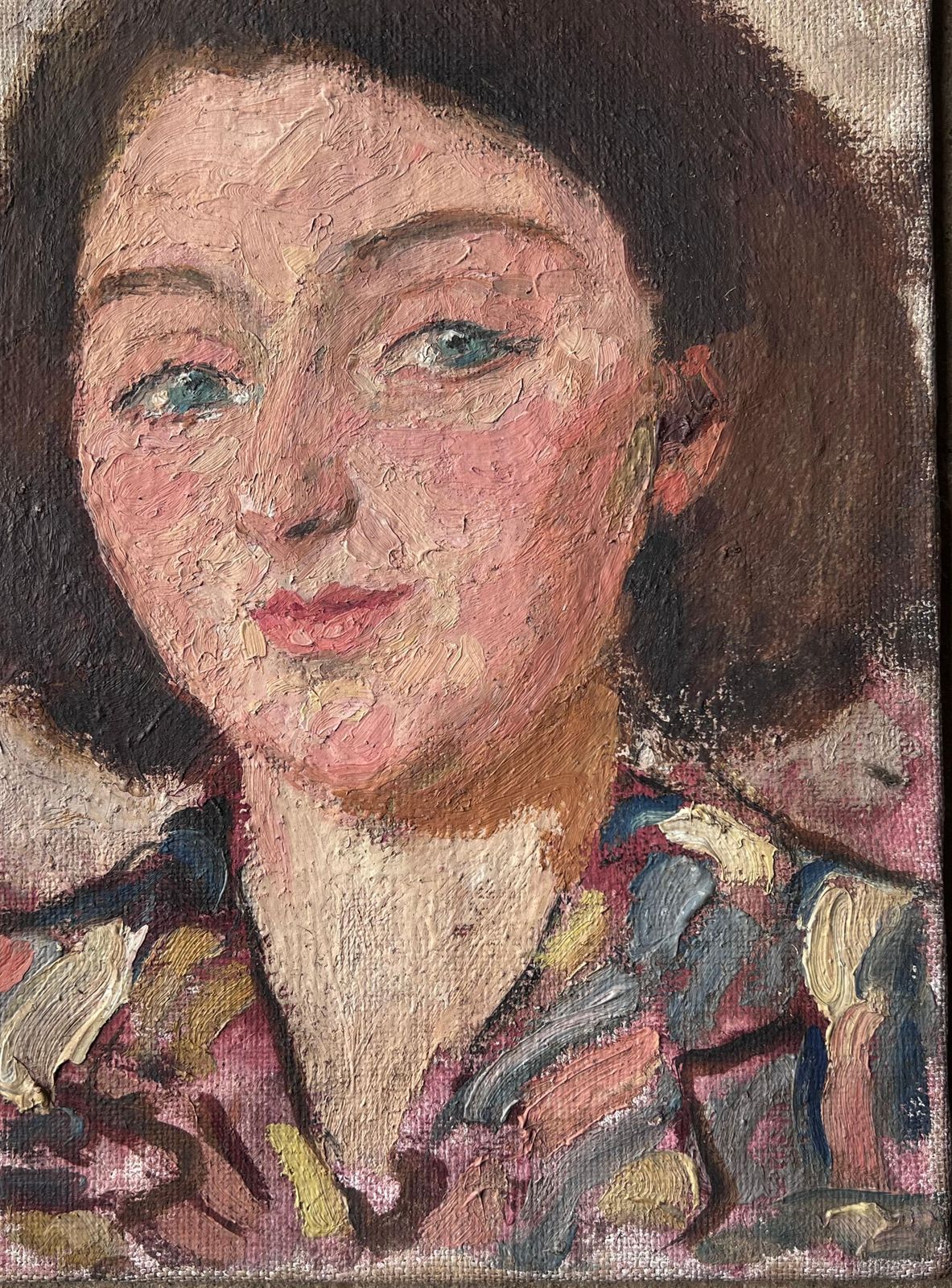Suzanne Dinkesmid Century French Impressionist Painting Green Eyed Chic Brunette Portrait1950's photo buy