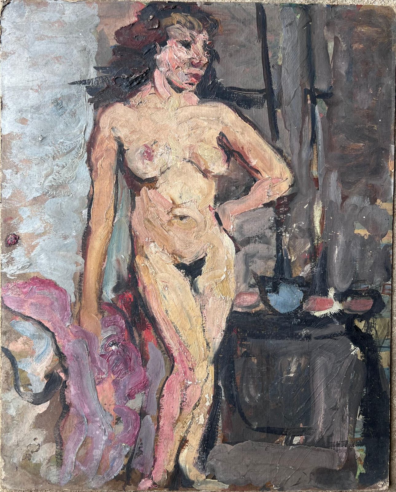 Suzanne Dinkesmid Century French Impressionist Painting Nude Study Of A Dark Haired Lady1950's photo furniture