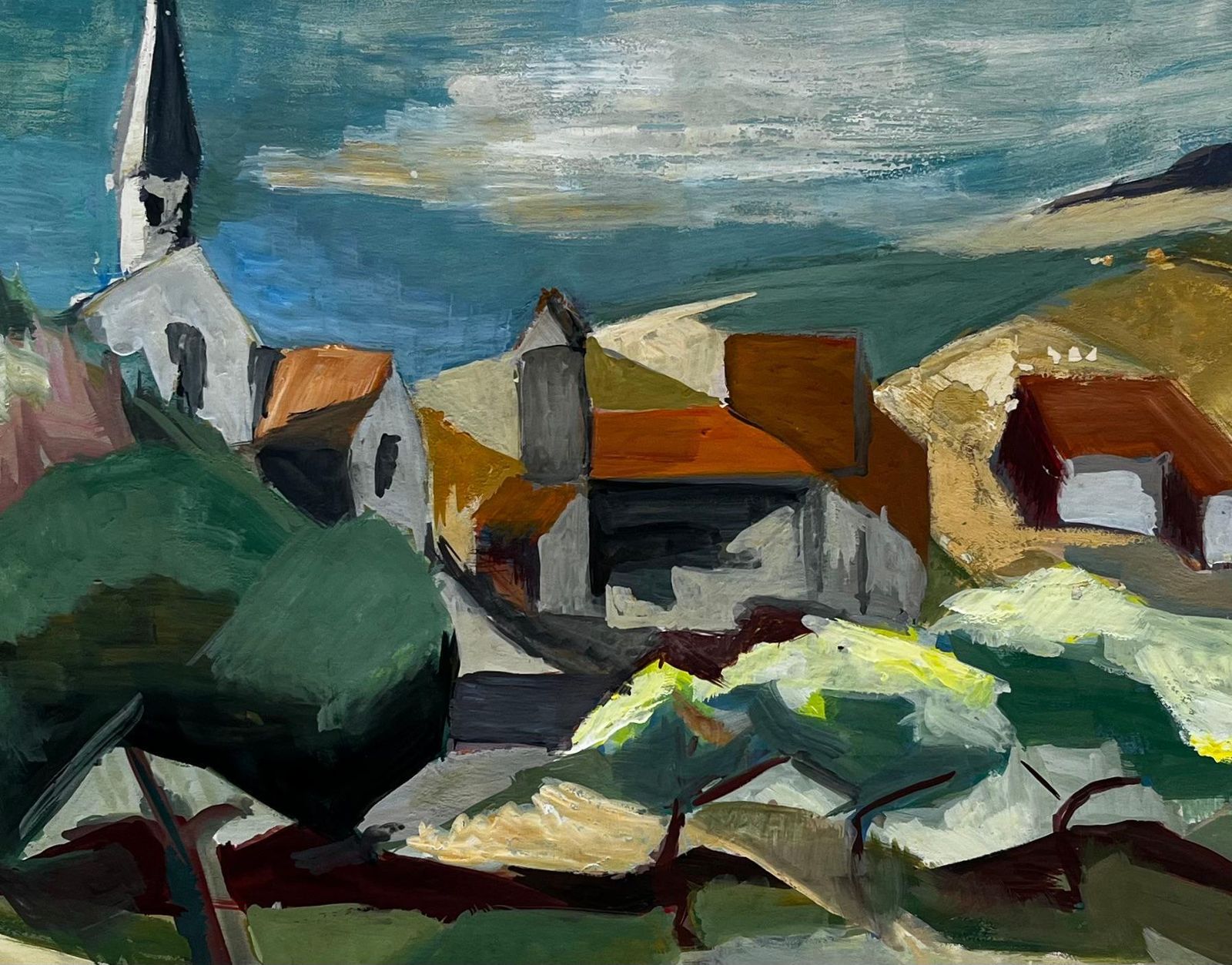 Guy Nicod Countryside Village With Church Steeple French Modern Landscape Painting 1964 photo buy