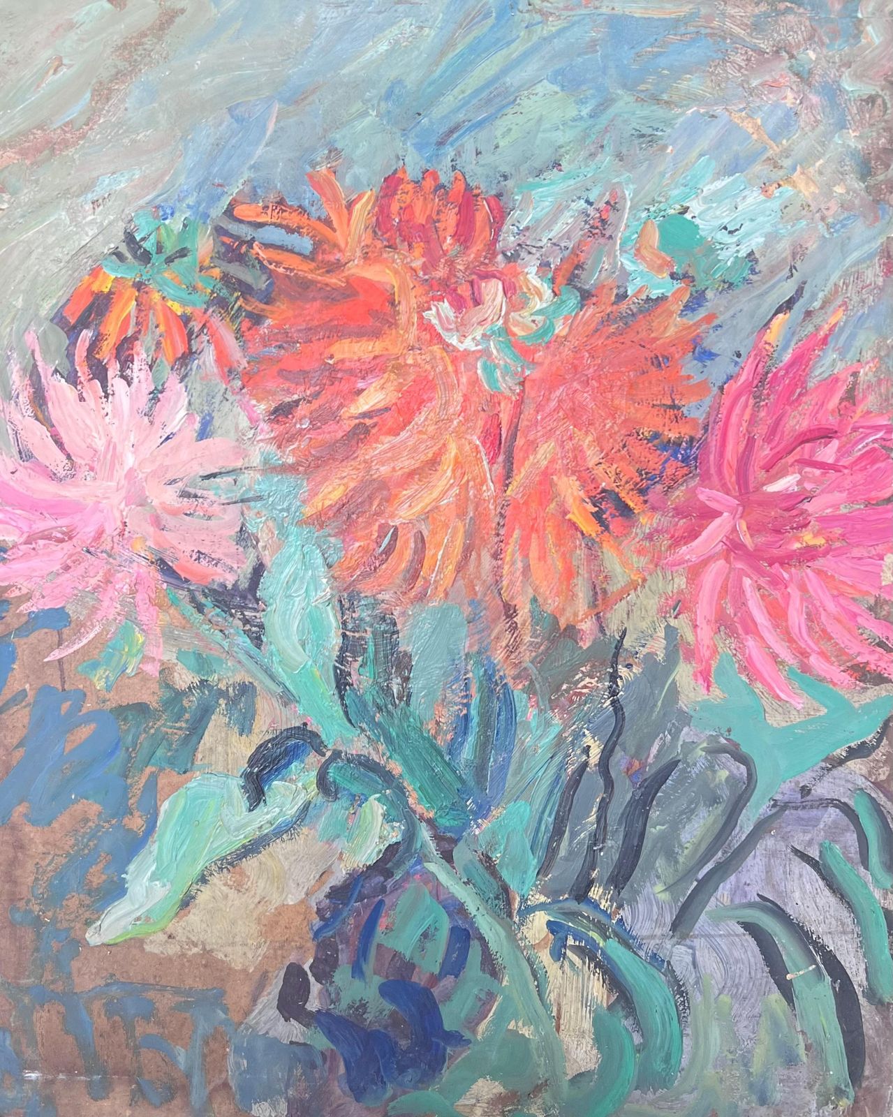 Suzanne Dinkesorange And Pink Dahlias Still Life Mid Century French Impressionist Oil