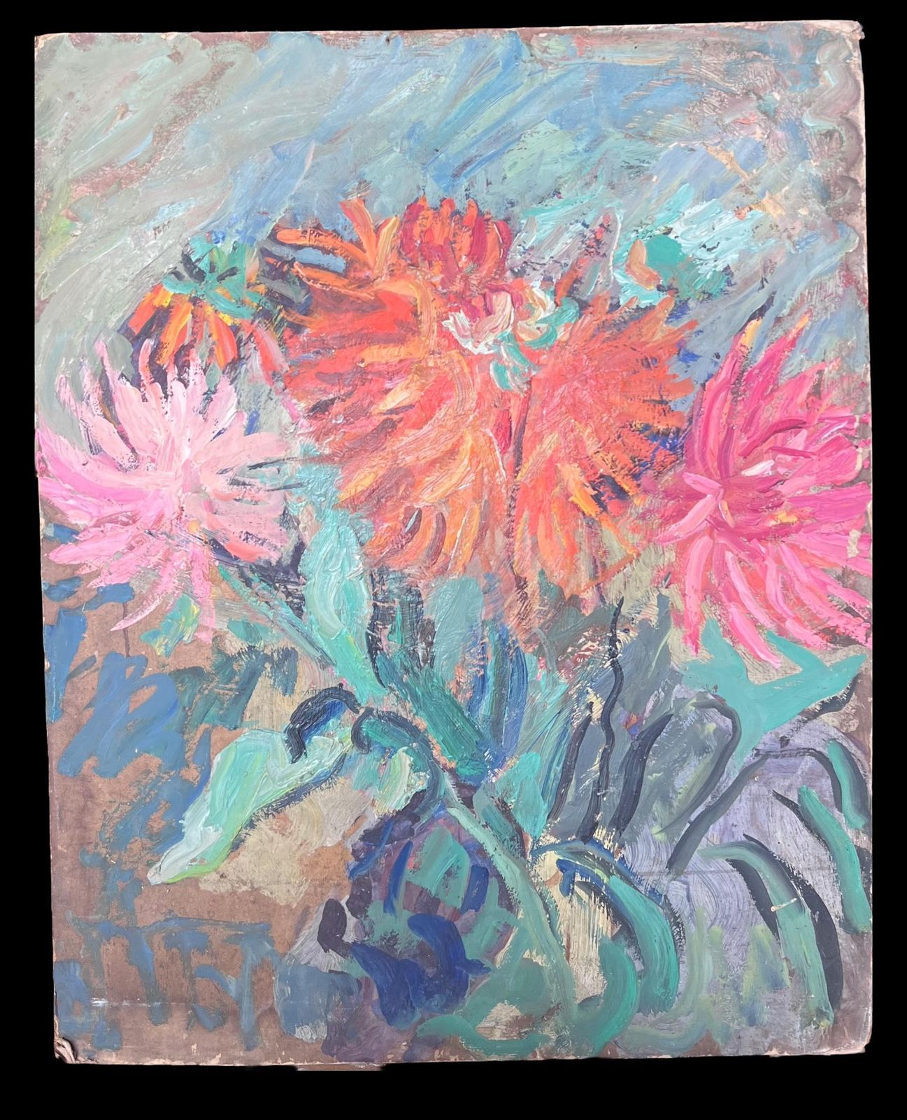 Suzanne Dinkesorange And Pink Dahlias Still Life Mid Century French Impressionist Oil photo furniture
