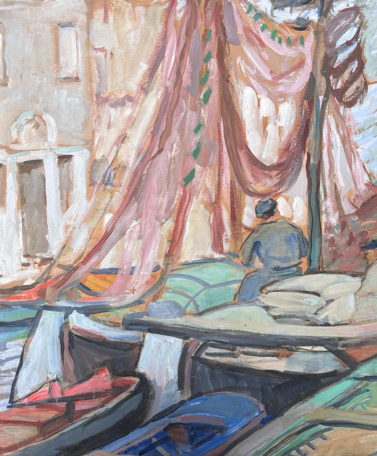 Suzanne Dinkespreparing The Boats Venice Canal Mid Century French Impressionist Painting1950's photo Art