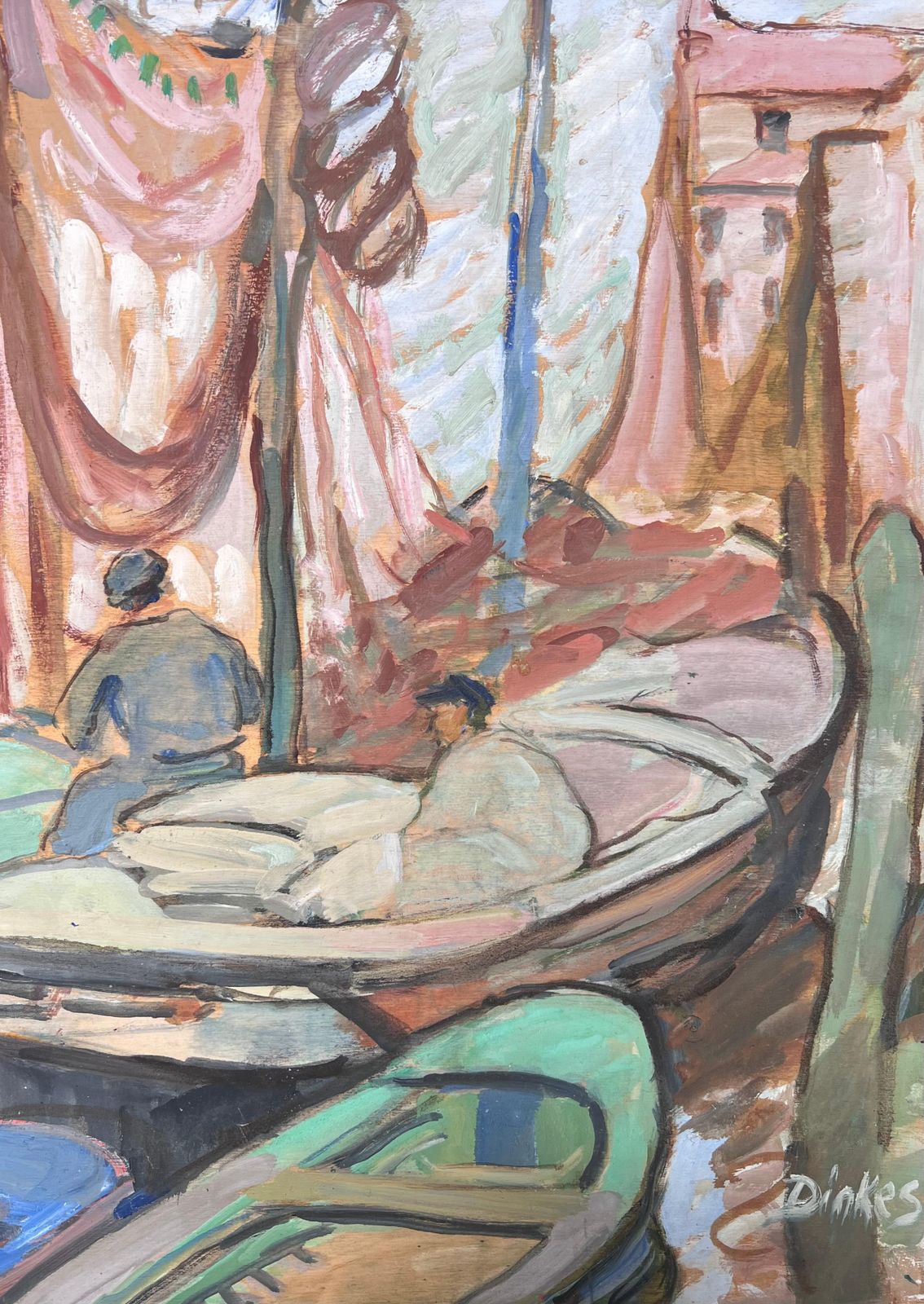 Suzanne Dinkespreparing The Boats Venice Canal Mid Century French Impressionist Painting1950's photo 714.0
