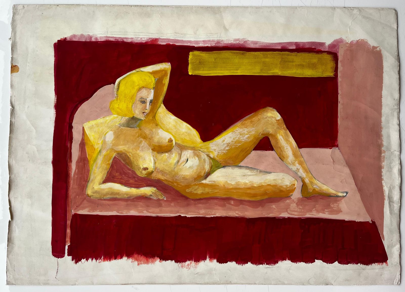 Guy Nicodvintage Reclining Nude Modernist Female Figure French Gouache Painting On Paper photo furniture