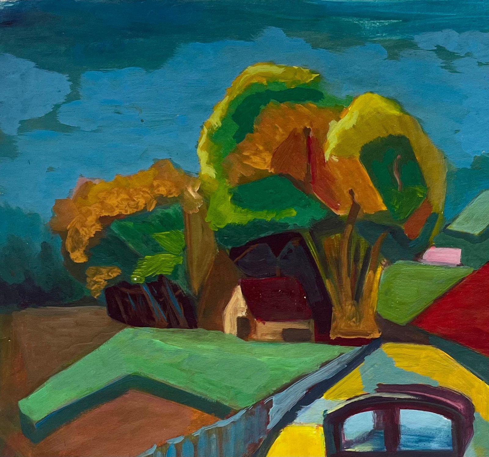 Guy Nicodcolourful Countryside Road With Bridge French Modern Landscape Gouache photo for sale