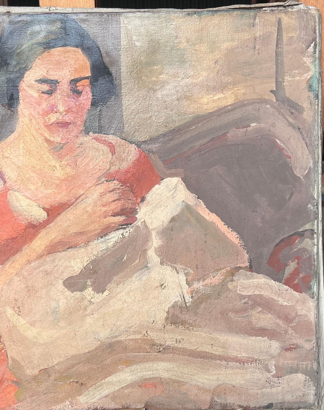 Suzanne Dinkeslady In Red Knitting A White Blanket Mid Century French Impressionist Painting1950's photo 626.0