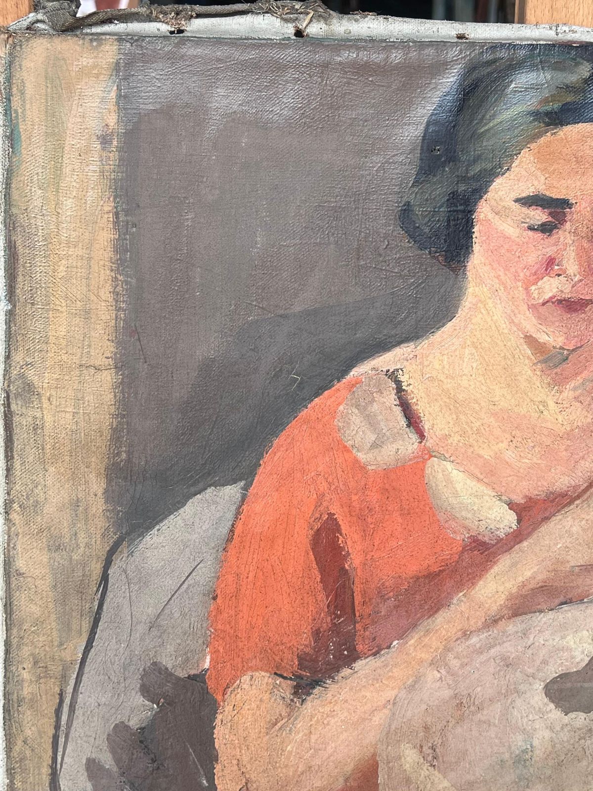 photo furniture Suzanne Dinkeslady In Red Knitting A White Blanket Mid Century French Impressionist Painting1950's