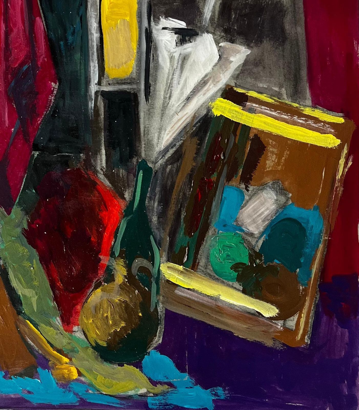 Guy Nicodcolourful  French Modern Oil Still Life With Fabrics Bottles And Picture Frame photo 795.0