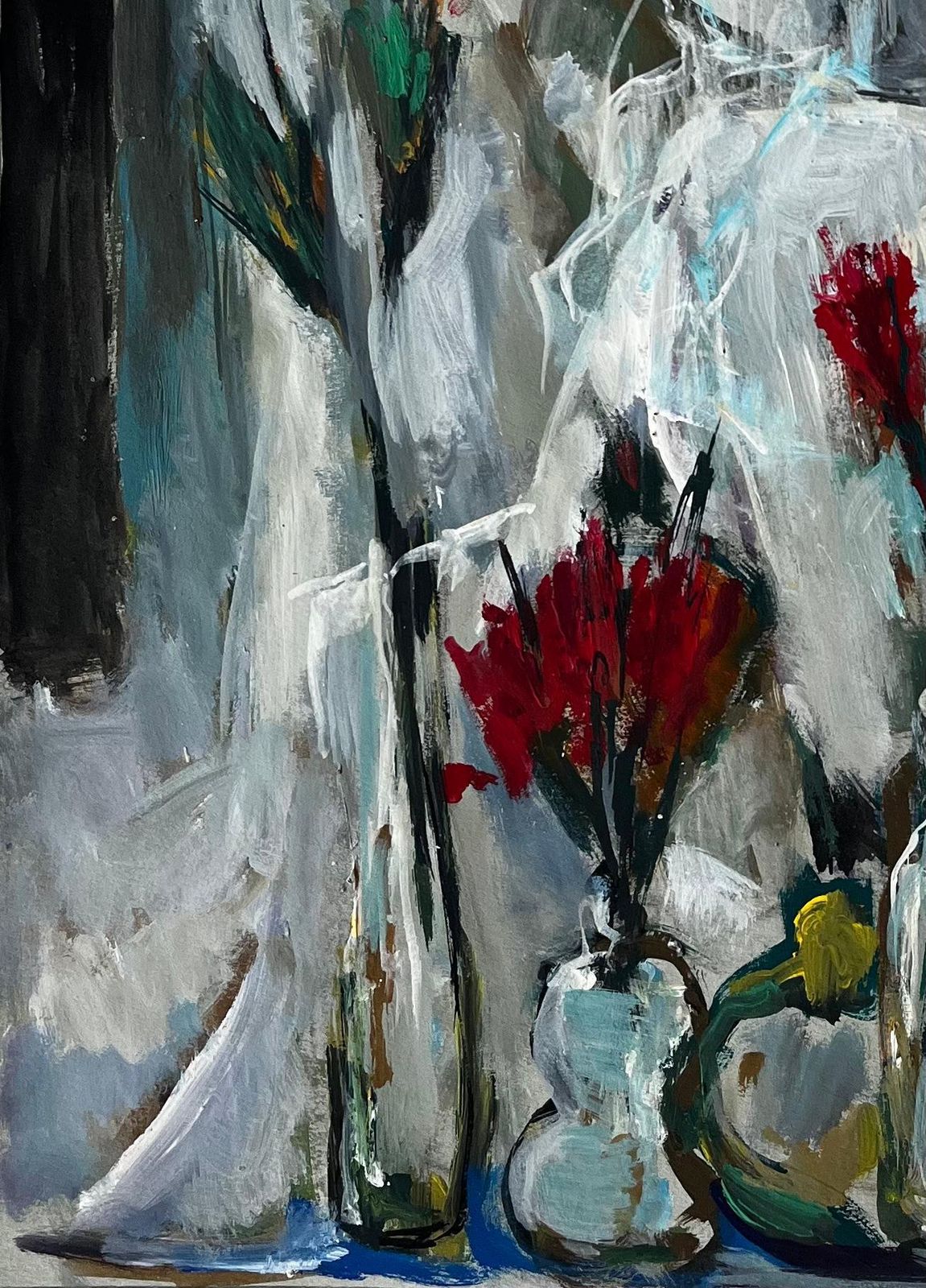Floral Still Life With White Drapery French Modern Gouache Painting By Guy Nicod photo 675.0